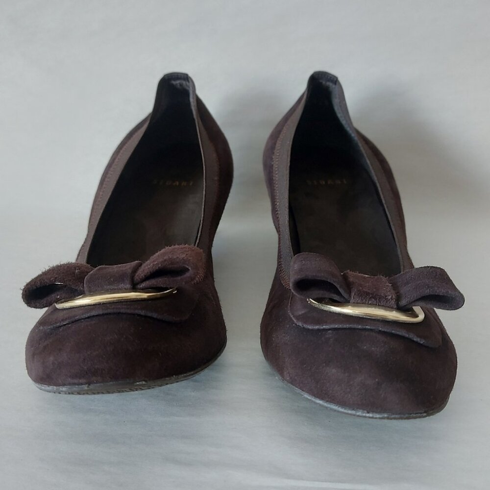 Stuart Weitzman Beaudelair Retro Suede Wedge Pump Size 8 Bow Low Heel Slip-on - Picture 5 of 13